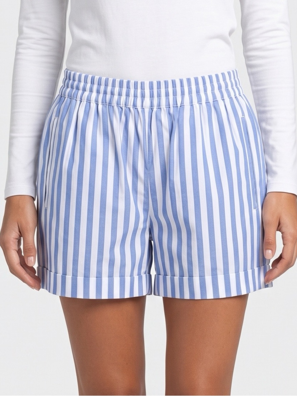 ON 34th Striped Blue & White Elastic Waist Shorts Cotton Spring Twall Medium